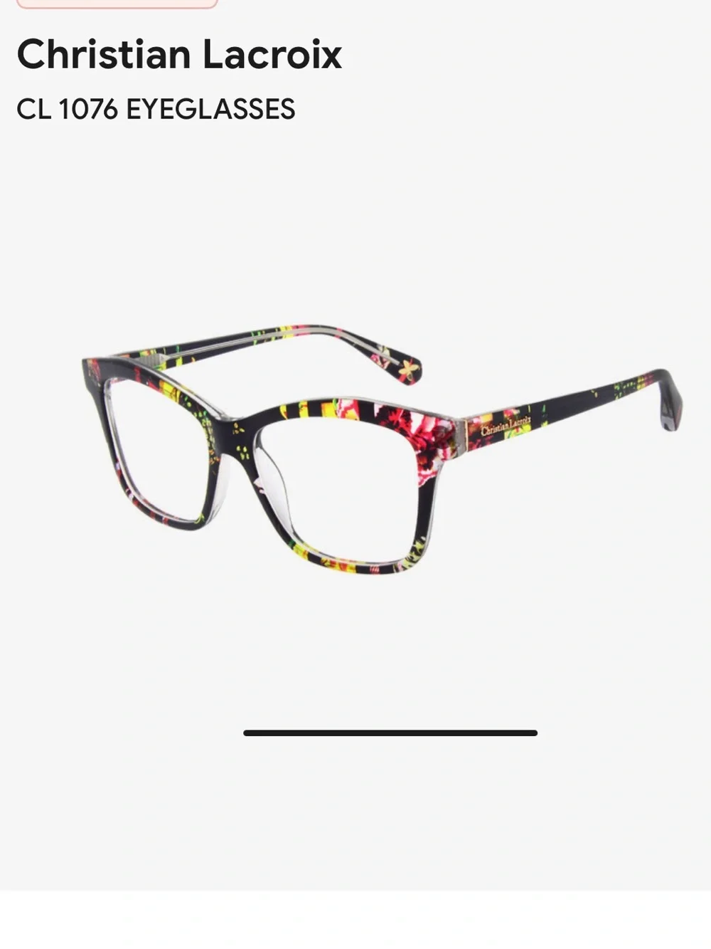 Christian Lacroix Black Floral “Babylon” Eyeglasses with Original Case and Wipe